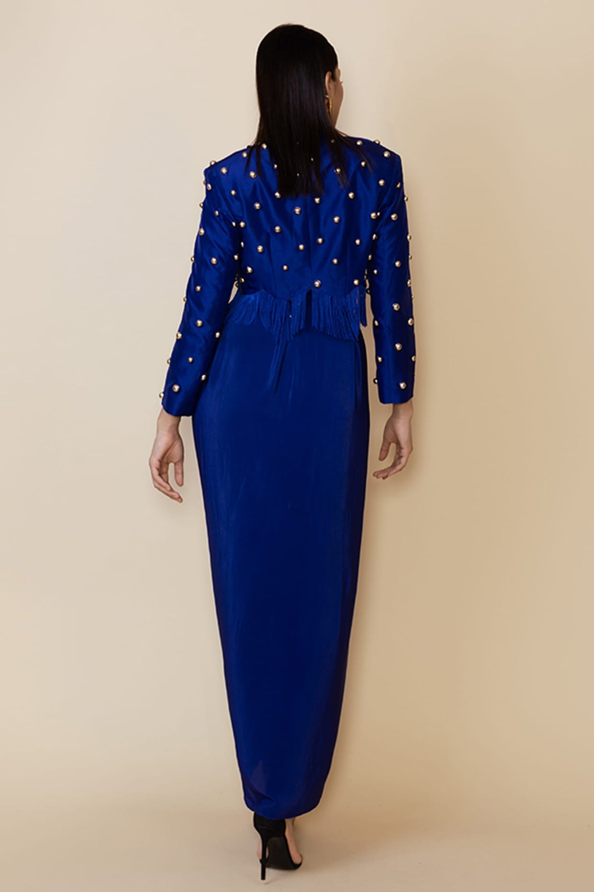 Blue Silk Studded Fringe Blazer Set