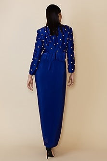 Blue Silk Studded Fringe Blazer Set