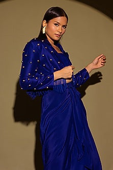 Blue Silk Studded Fringe Blazer Set