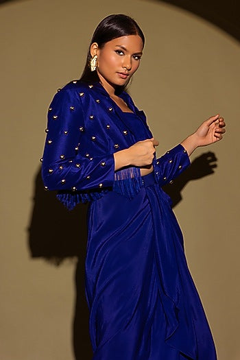 Blue Silk Studded Fringe Blazer Set