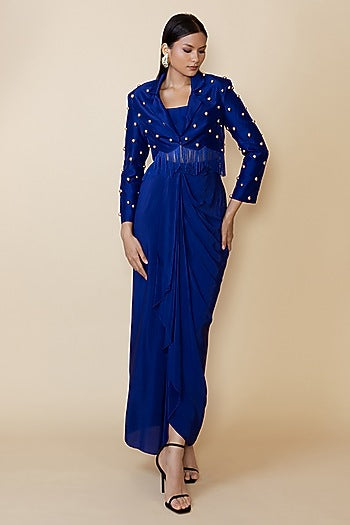 Blue Silk Studded Fringe Blazer Set