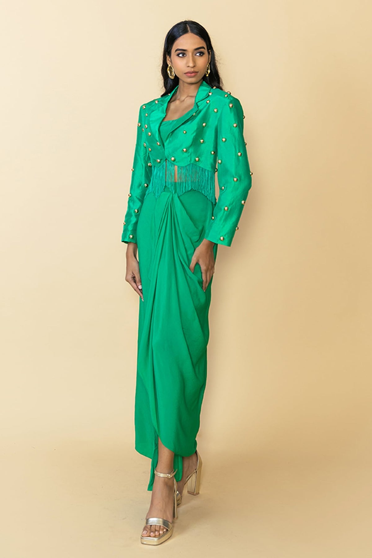 Green Silk Studded Fringe Blazer Set