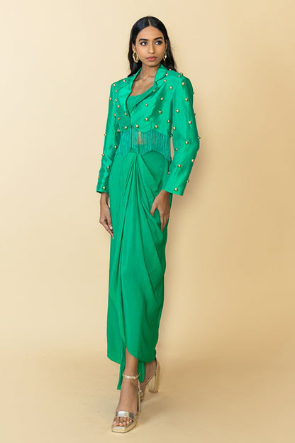 Green Silk Studded Fringe Blazer Set