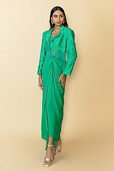 Green Silk Studded Fringe Blazer Set