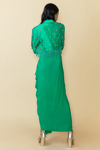 Green Silk Studded Fringe Blazer Set