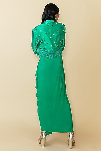 Green Silk Studded Fringe Blazer Set