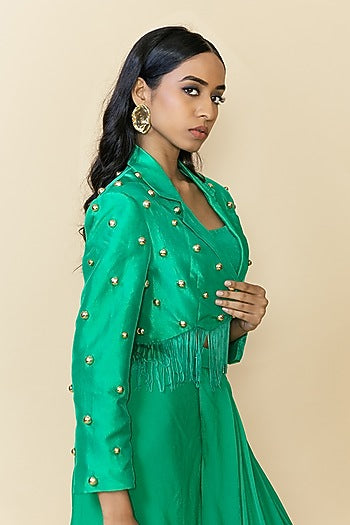 Green Silk Studded Fringe Blazer Set