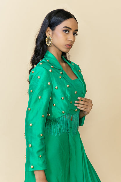 Green Silk Studded Fringe Blazer Set