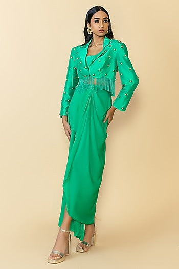 Green Silk Studded Fringe Blazer Set