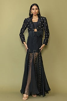 Black Silk Studded Fringe Blazer Set