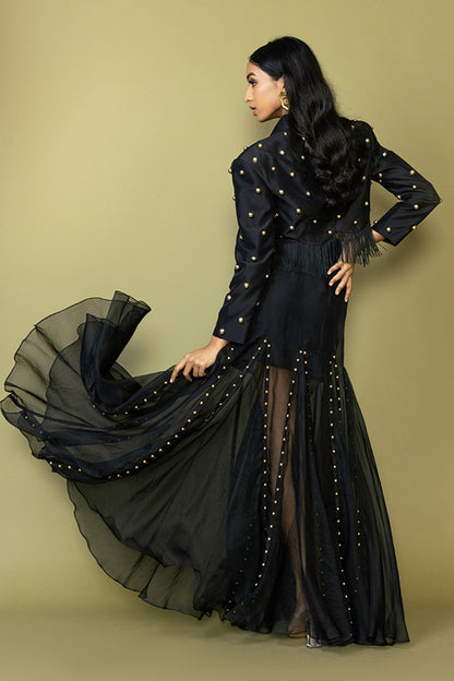 Black Silk Studded Fringe Blazer Set