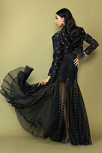 Black Silk Studded Fringe Blazer Set