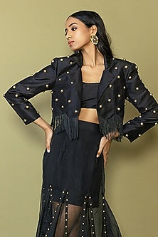 Black Silk Studded Fringe Blazer Set
