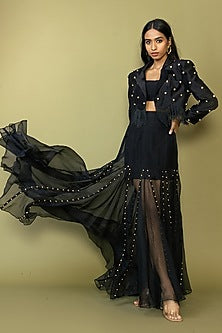 Black Silk Studded Fringe Blazer Set