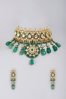Gold Finish Emerald Synthetic Stones Necklace Set