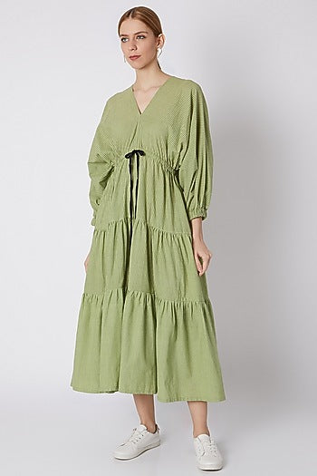 Green Striped Dress With Drawstring