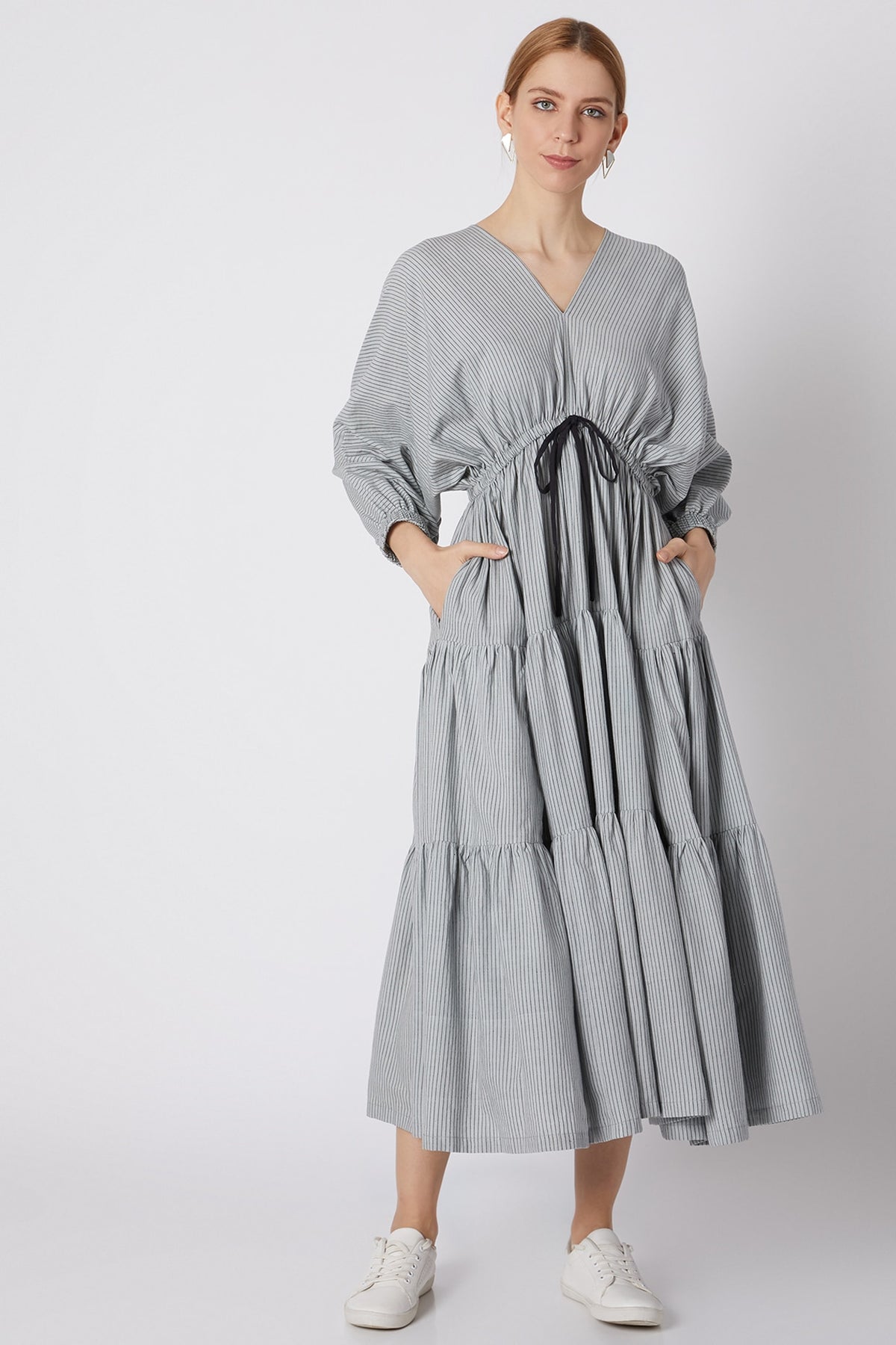 Blueish Grey Striped Dress With Drawstring Bow-Tie