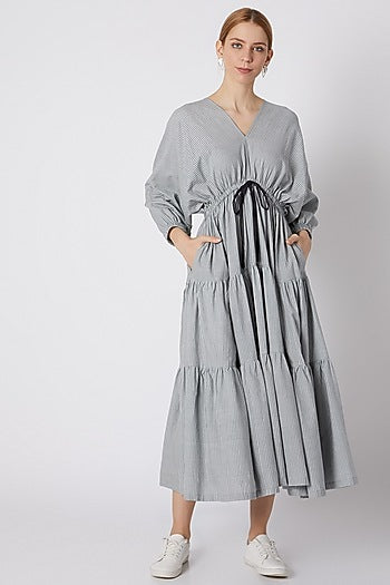Blueish Grey Striped Dress With Drawstring Bow-Tie