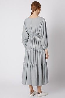 Blueish Grey Striped Dress With Drawstring Bow-Tie