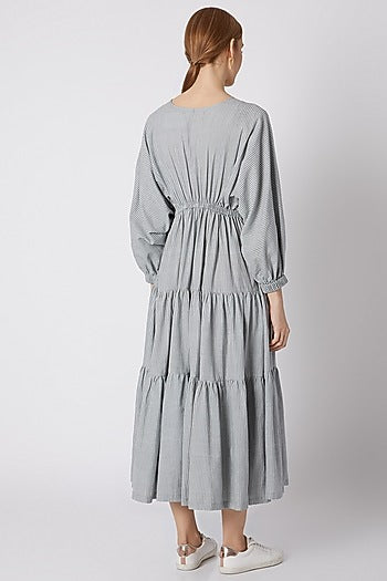 Blueish Grey Striped Dress With Drawstring Bow-Tie