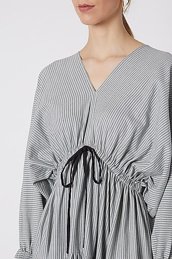 Blueish Grey Striped Dress With Drawstring Bow-Tie