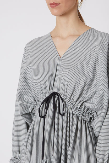 Blueish Grey Striped Dress With Drawstring Bow-Tie