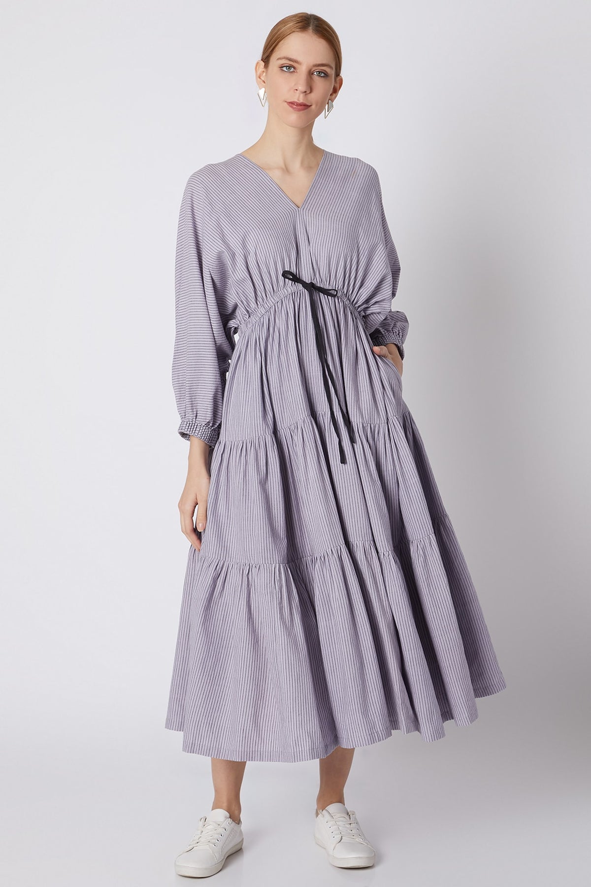Lavender Striped Dress With Drawstring Bow-Tie