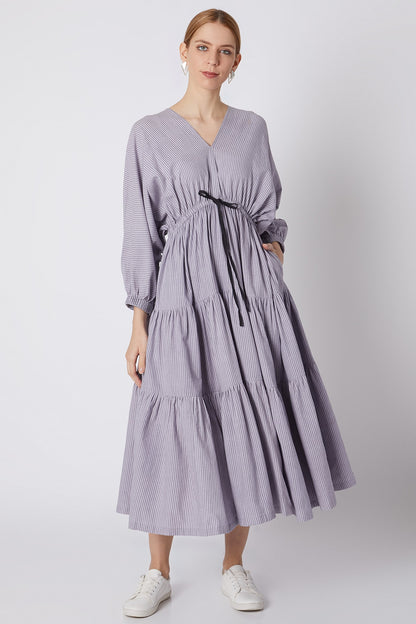 Lavender Striped Dress With Drawstring Bow-Tie