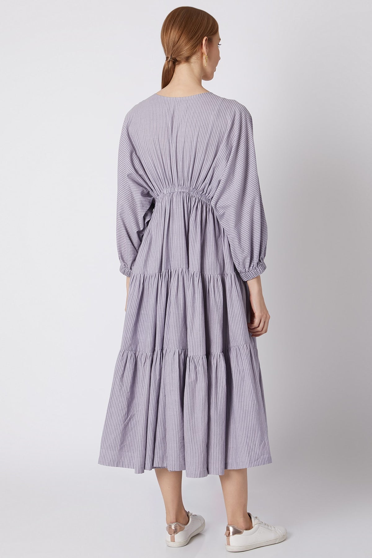 Lavender Striped Dress With Drawstring Bow-Tie