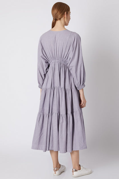 Lavender Striped Dress With Drawstring Bow-Tie