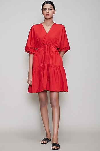 Red Handwoven Dress With Drawstrings