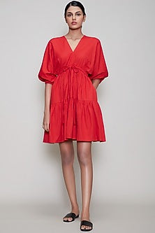 Red Handwoven Dress With Drawstrings