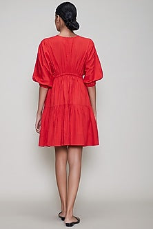 Red Handwoven Dress With Drawstrings