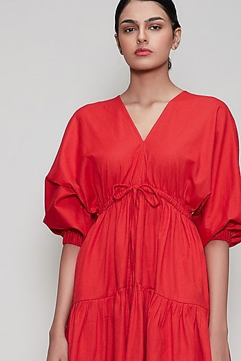 Red Handwoven Dress With Drawstrings