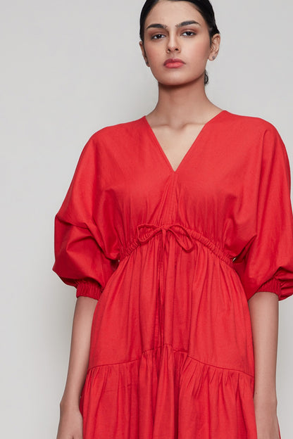 Red Handwoven Dress With Drawstrings