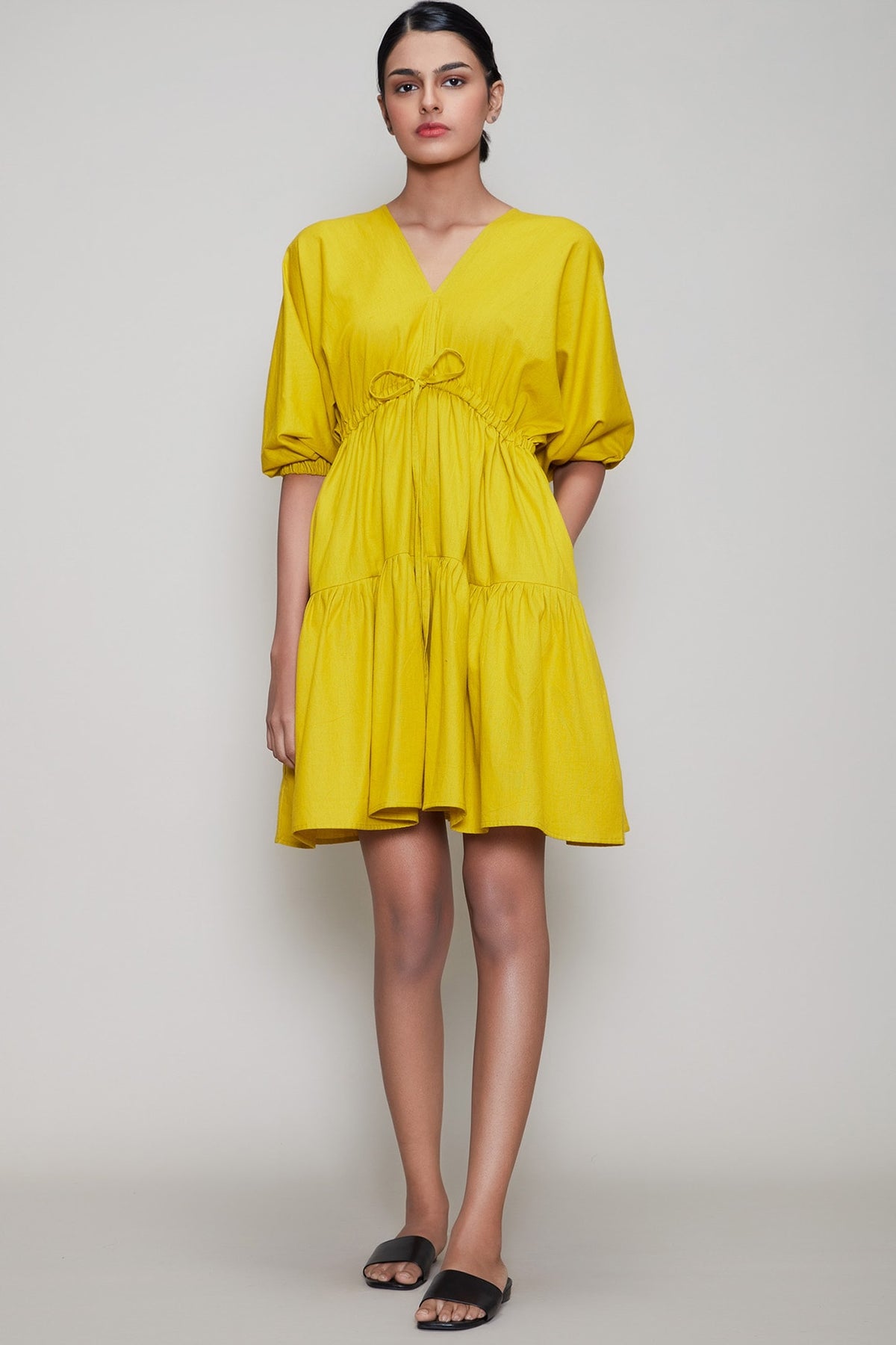 Yellow Handwoven Dress With Drawstrings