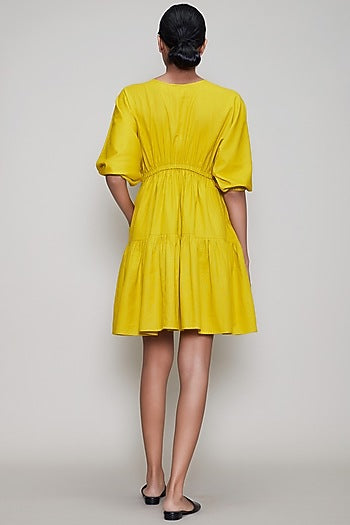 Yellow Handwoven Dress With Drawstrings