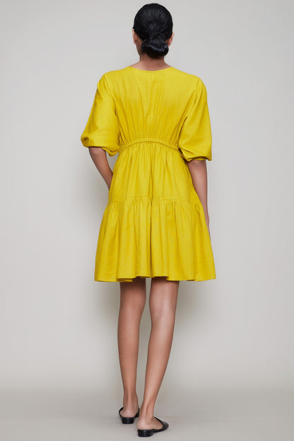 Yellow Handwoven Dress With Drawstrings