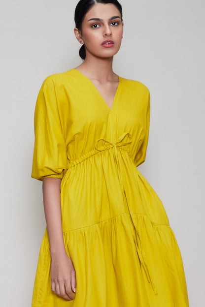 Yellow Handwoven Dress With Drawstrings