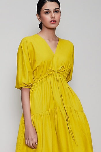 Yellow Handwoven Dress With Drawstrings