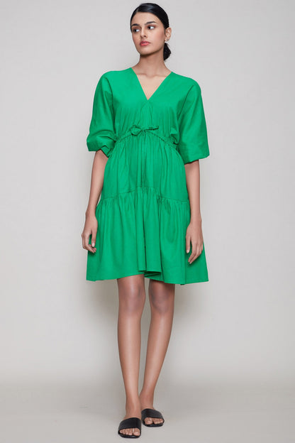 Green Handwoven Dress With Drawstrings