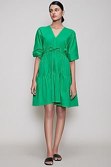 Green Handwoven Dress With Drawstrings