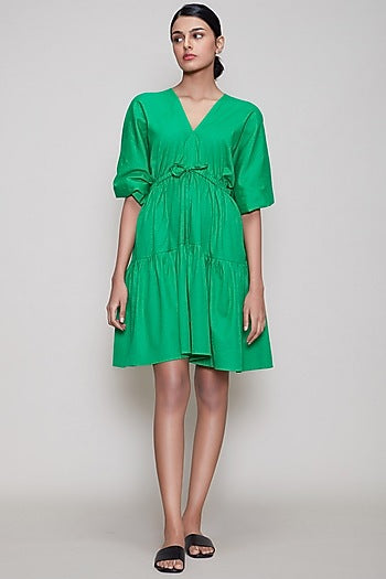 Green Handwoven Dress With Drawstrings