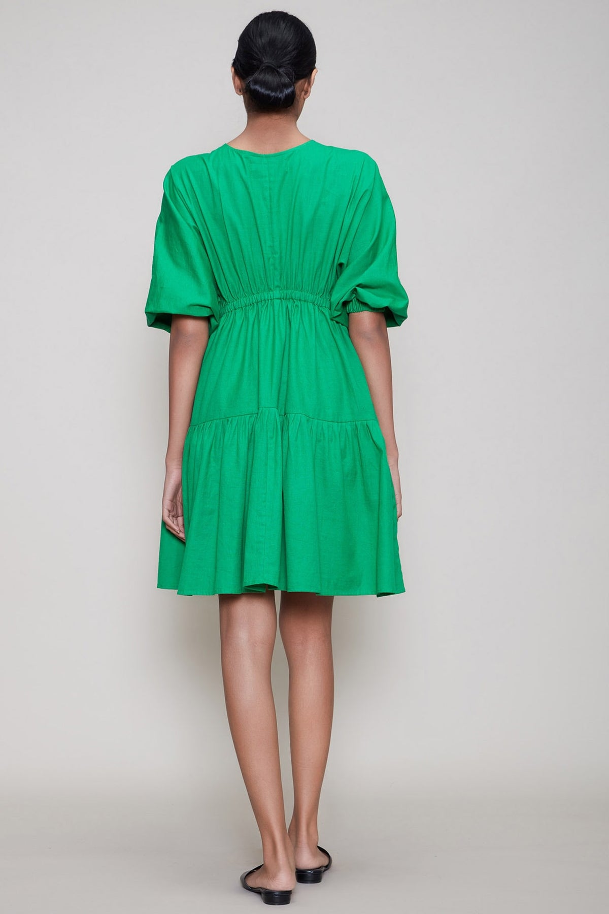 Green Handwoven Dress With Drawstrings
