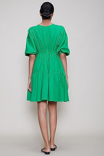 Green Handwoven Dress With Drawstrings