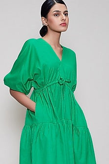 Green Handwoven Dress With Drawstrings