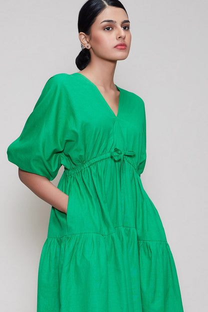 Green Handwoven Dress With Drawstrings