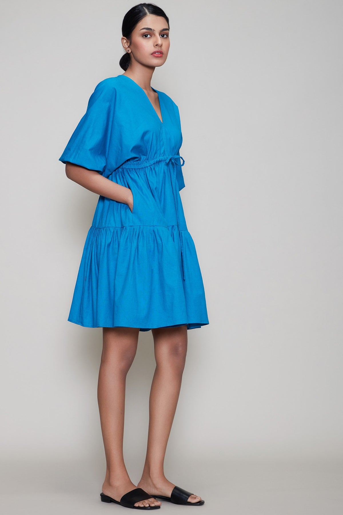 Blue Handwoven Dress With Drawstrings