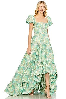 Spring Green Brocade Floral Printed High-Low Gown