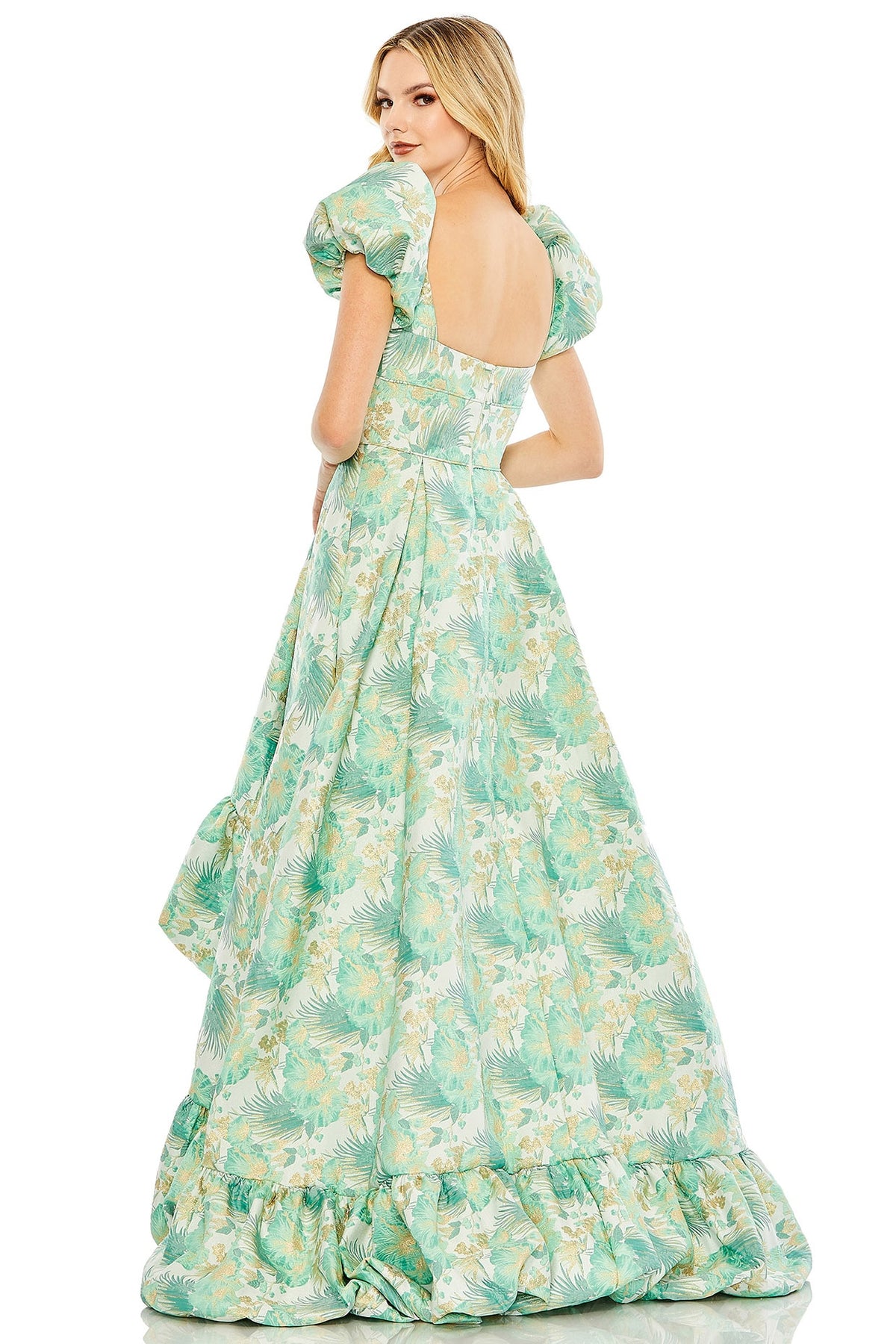 Spring Green Brocade Floral Printed High-Low Gown